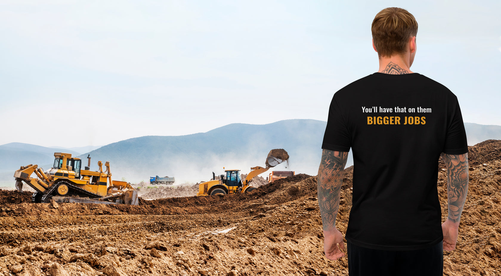 Construction site with man wearing t-shirt